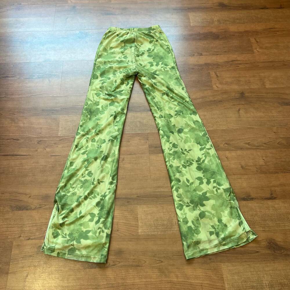 Motel Rocks Zoven Mesh Flared Pants in Blurred Green Floral Print XXS